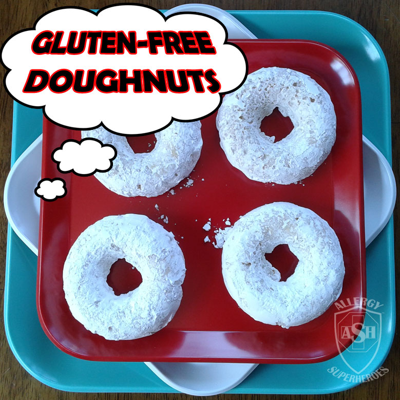 Gluten-Free Baked Doughnuts recipe by Allergy Superheroes. Peanut free, tree nut free, gluten-free, egg free, soy free, fish free, shellfish free.