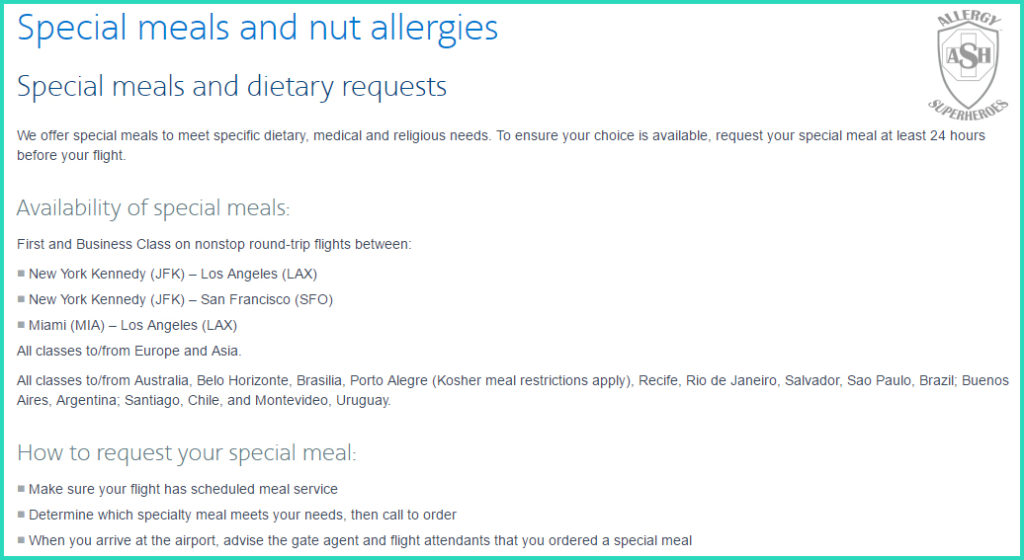 Special meals on American Airlines flights | Allergy Superheroes