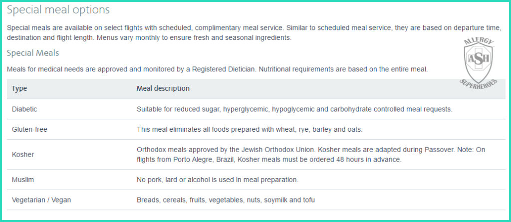 Special meals on American Airlines flights | Allergy Superheroes