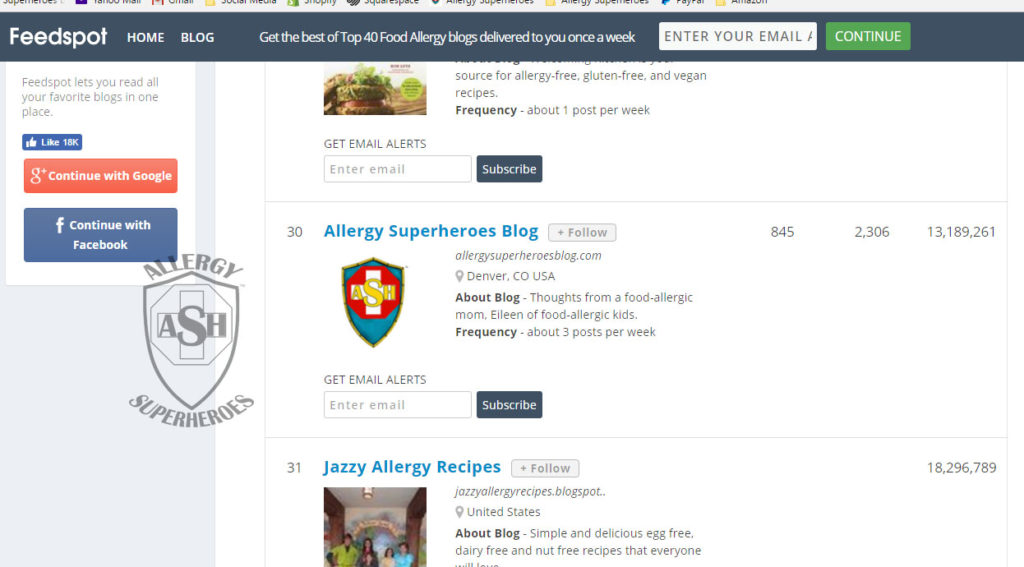 Allergy Superheroes is in the Top 40 Food Allergy Blogs from Feedspot!