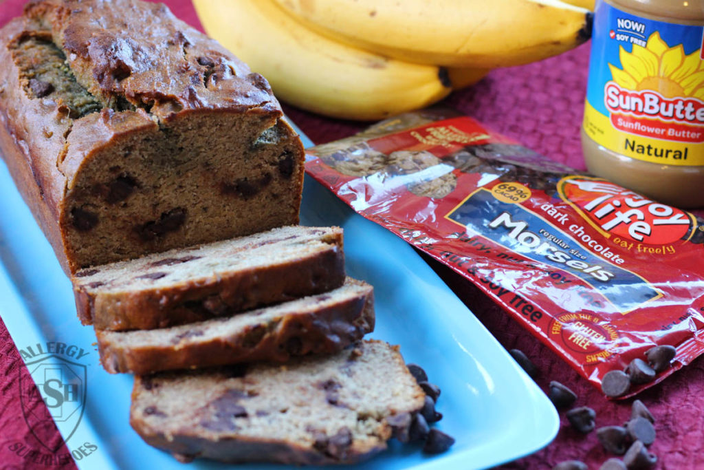 Sunbutter Banana Bread Enjoy Life Foods Dark Chocolate morsels recipe by Allergy Superheroes. Top 8 free! Peanut free, tree nut free, egg free, dairy free, soy free, wheat/gluten free, fish free, shellfish free.