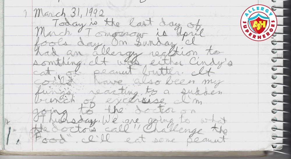 How Kids view Food Challenges | Image of 5th grader's journal describing an allergic reaction and fear of a food challenge | by Food Allergy Superheroes