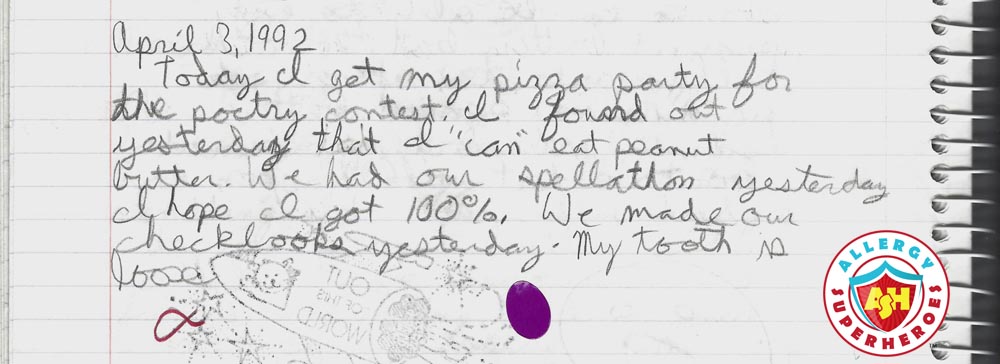 How Kids view Food Challenges | Image of 5th grader's journal briefly describing the outcome of a food challenge | by Food Allergy Superheroes