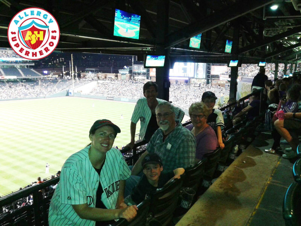 Our family at the Colorado Rockies peanut friendly baseball game by food Allergy Superheroes.