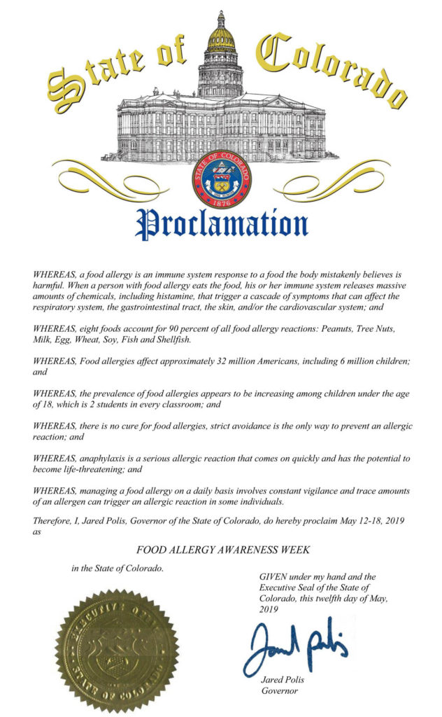 The Official State of Colorado Proclamation declaring Food Allergy Awareness Week in 2019 | by Food Allergy Superheroes