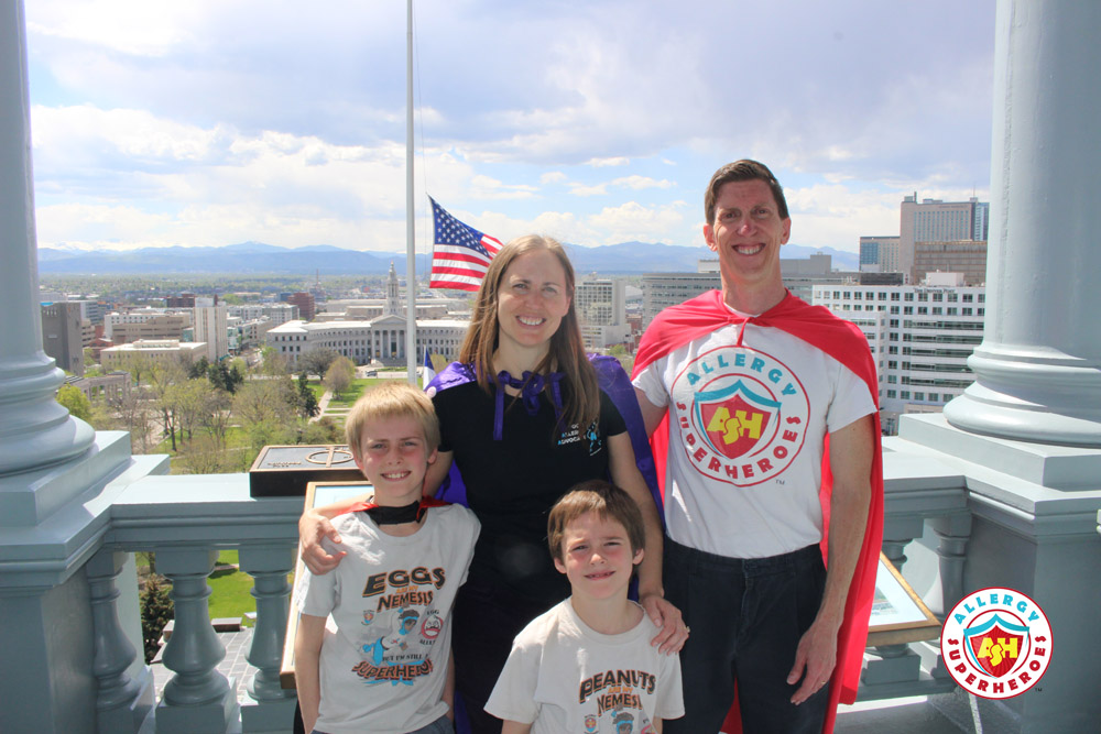 The Allergy Superheroes Family on the balcony of the Colorado State Capitol's gold dome | by Food Allergy Superheroes