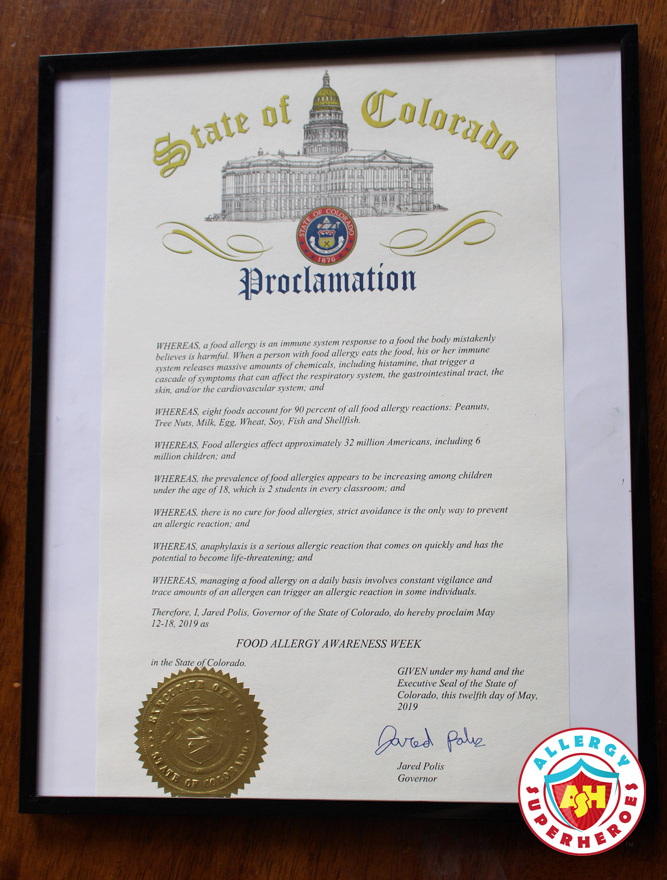 The Official signed and sealed State of Colorado Proclamation declaring Food Allergy Awareness Week in 2019 | by Food Allergy Superheroes