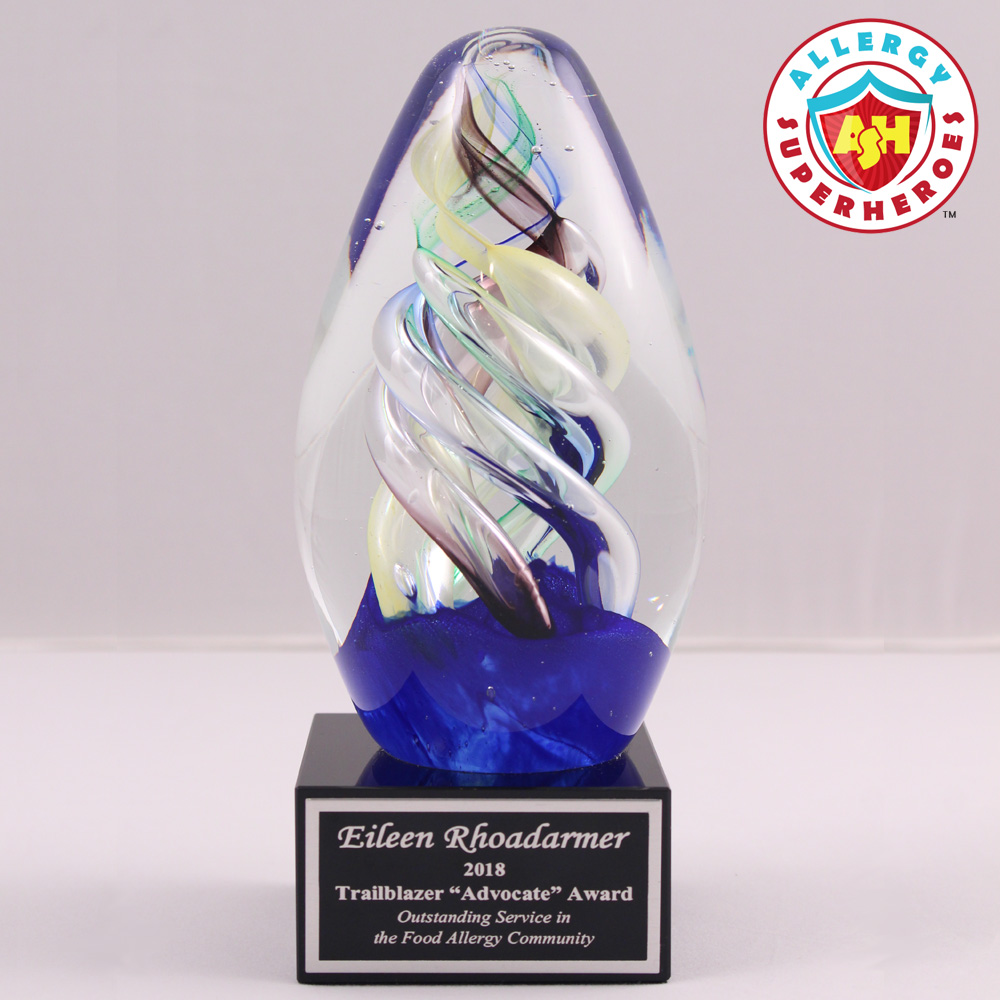 Close up of the beautiful Trailblazer Advocate Award for Outstanding Service in the Food Allergy Community | by Food Allergy Superheroes