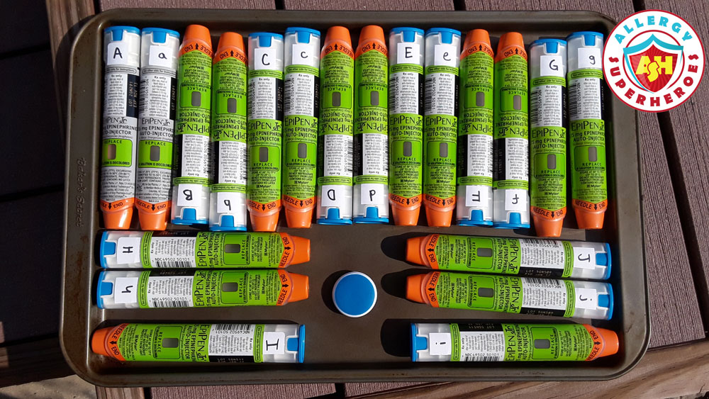 20 EpiPens labeled and spread out on a cookie sheet, to be heated on a car dashboard | by Allergy Superheroes