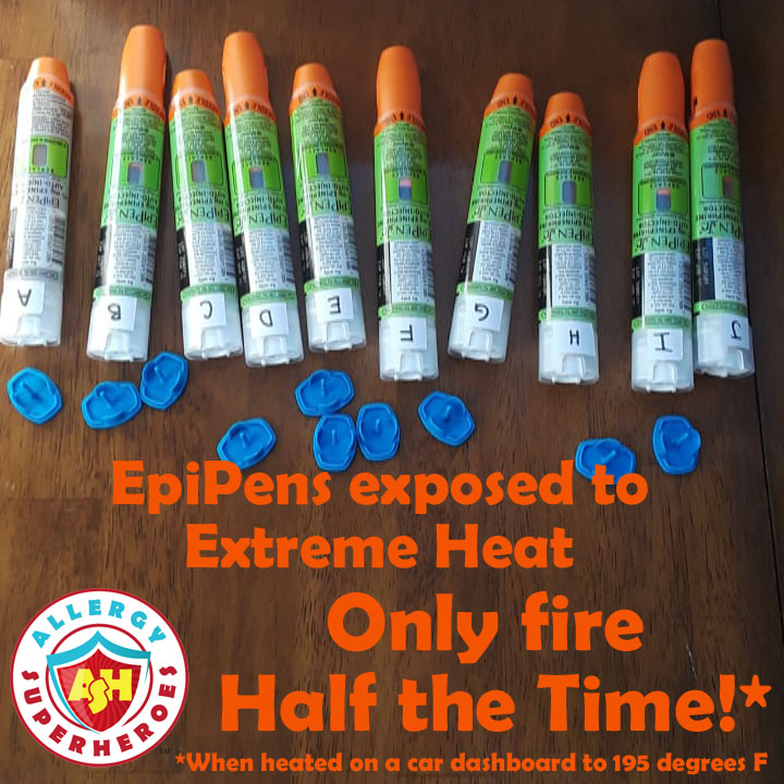 EpiPens on a table after some of them jammed | EpiPens Exposed to Extreme Heat Only fire Half the Time! | Food Allergy Superheroes