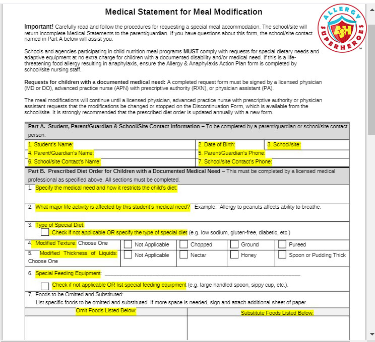 Food Allergies and School Lunches Meal Modification Form | Allergy Superheroes