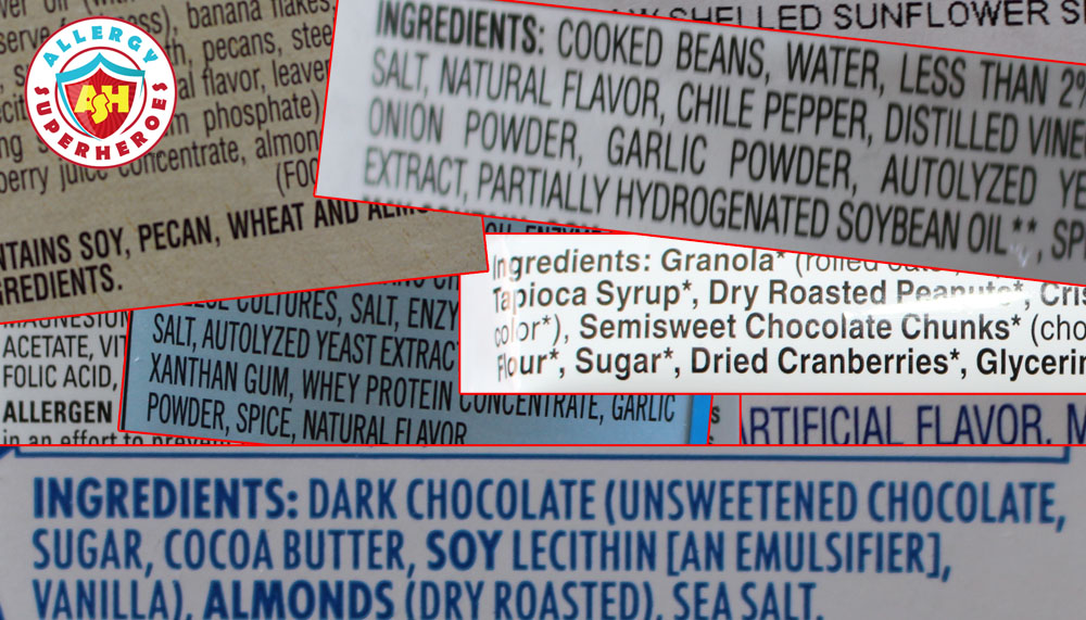 Several food package ingredient lists | Food Allergy Superheroes