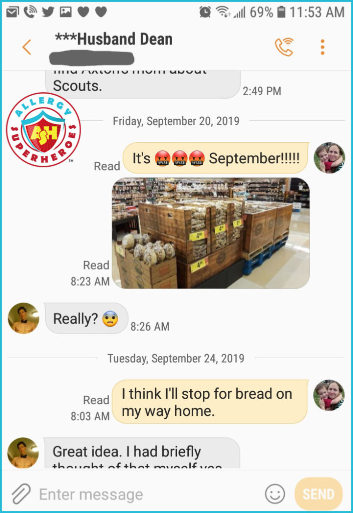 Text conversation about how early nuts show up in the grocery store | Food Allergy Superheroes