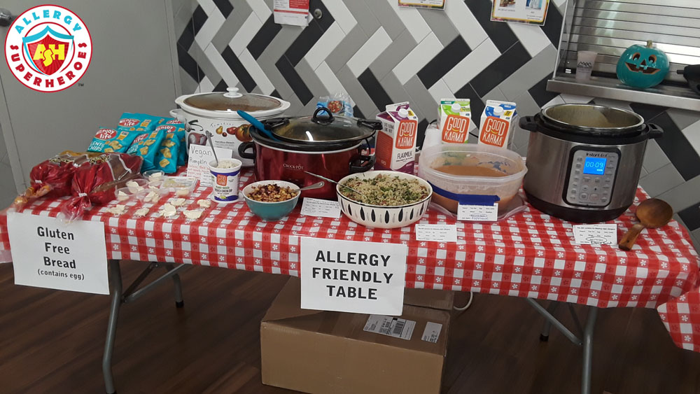 Allergy Friendly Table for the Harvest Fest | Full of donations and safe home/classmade foods | Food Allergy Superheroes