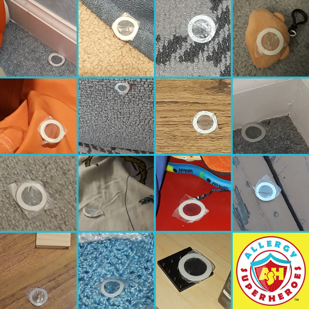 Collage of peanut patches stuck to places they don't belong | Food Allergy Superheroes