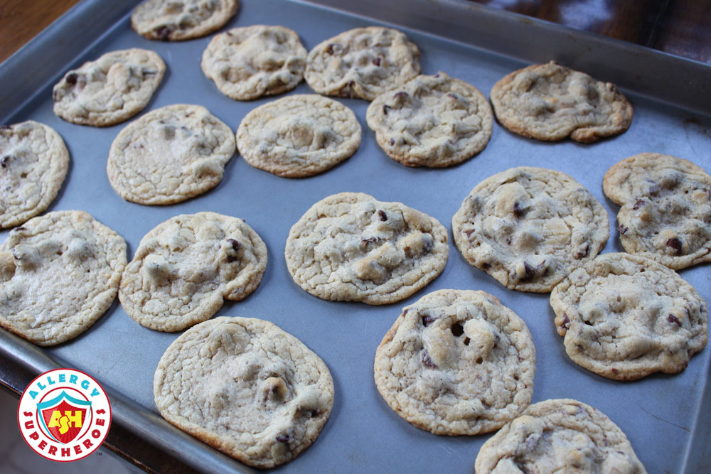 Egg Free Chocolate Chip Cookies on baking sheet | Food Allergy Superheroes