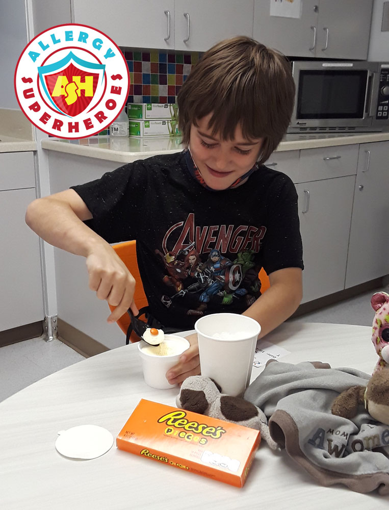 Kal eating Reese's Pieces at his final peanut challenge | Food Allergy Superheroes