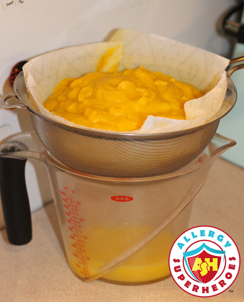 Puree draining off excess water | Food Allergy Superheroes